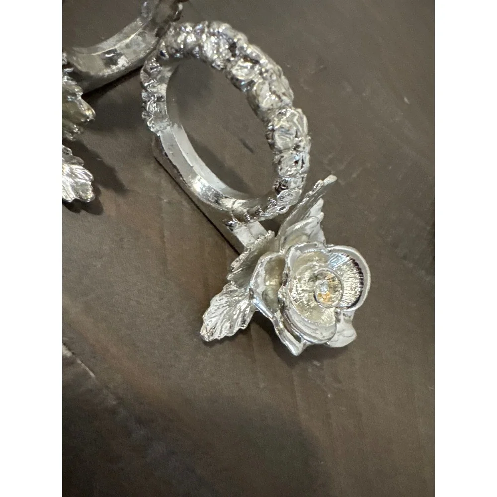 Princess House Silver Rose Napkin Rings Set 7 Floral Metal Table Decor Vintage